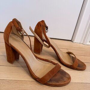 100% Authentic Stuart Weitzman Brown Suede Andle Strap Block Heeled Sandal-Size8
